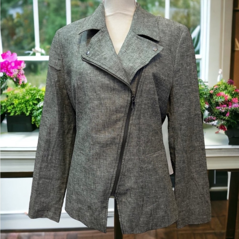 Banana Republic Muted Green Linen Asymmetrical Zip Blazer Jacket Size 14 NWT